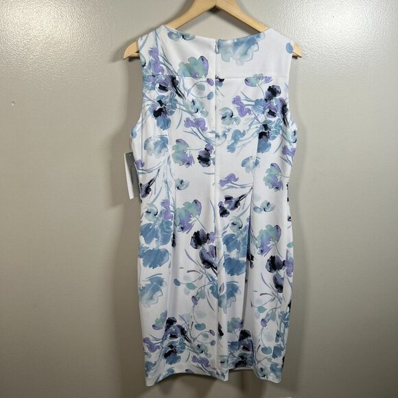 Calvin Klein Side Pleated Sheath Floral Dress Size 14 Blue Wedding Guest Church - Picture 2 of 11